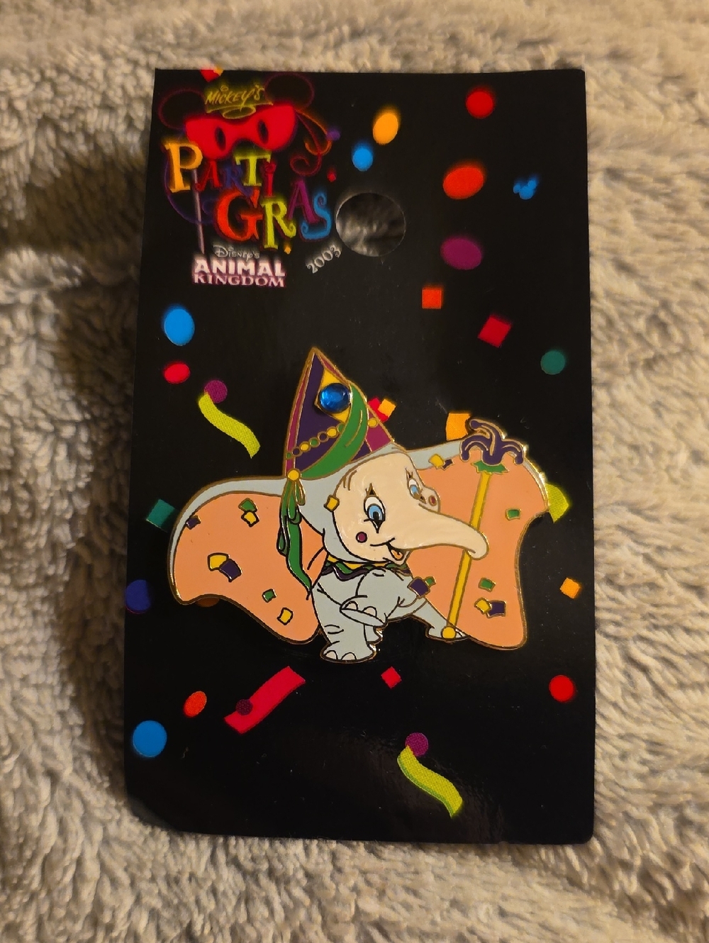 Dumbo Mardi Gras Pin - Peach & Gray Elephant with Party Hat Vintage Disney Pin